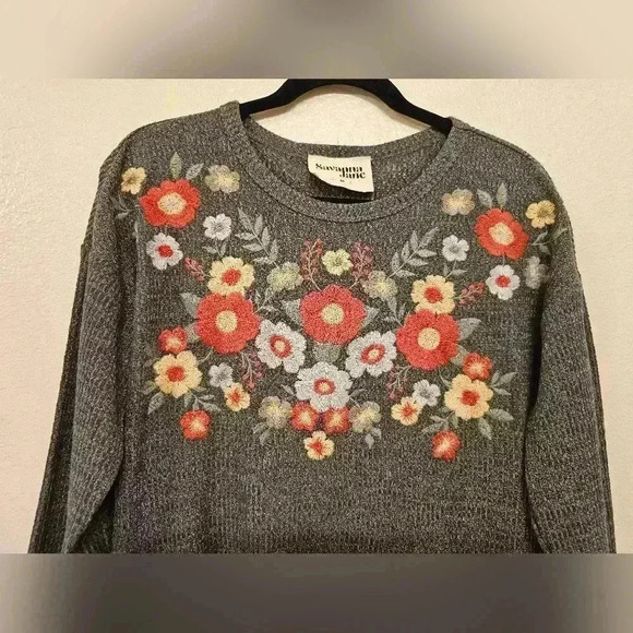 Savanna Jane Ribbed Knit Dress Women Medium Gray Floral Embroidered Boho - Picture 2 of 10